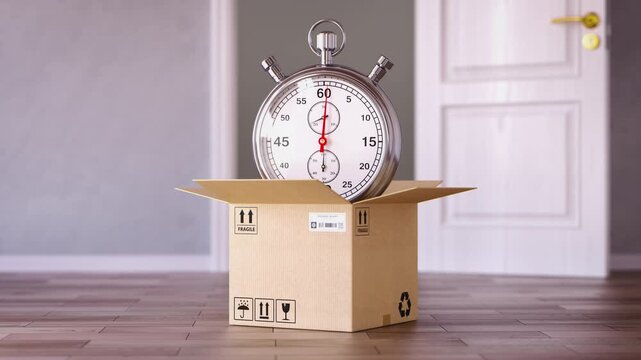 Express delivery concept. Stopwatch in a cardboard box in fron of open door. 3d animation