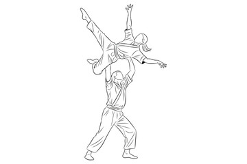 Vector art of acrobatic couple performing a lift, the woman is lifted by the man