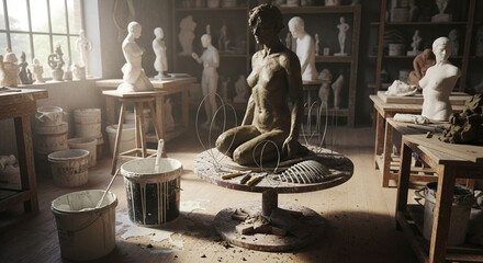 Sculpture art studio workshop with clay female figure statue artistic creation and sculpting process 100