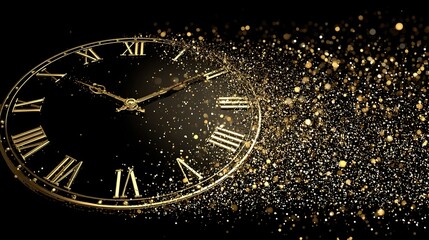 Golden clock face with glittering particles