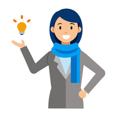 Smiling businesswoman presenting idea in the form of lightbulb flat design illustration