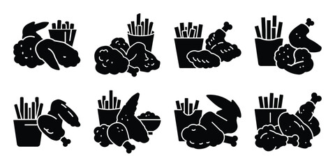 fried chicken wings simple silhouette vector illustration icon set