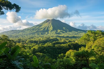 ancient volcanic mountain surrounded by lush jungle
