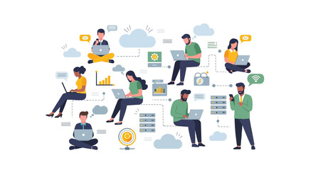 Diverse people collaborating online using laptops and digital devices for remote work