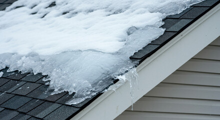Ice and snow accumulation on roof and gutter in winter  