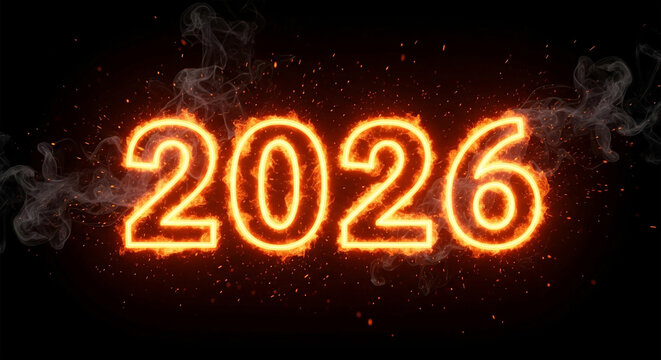 The image displays the numerical year 2026 rendered in a fiery style against a stark black background