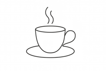 Steaming hot beverage cup on a saucer line illustration, a simple icon representing coffee, tea, or a warm drink