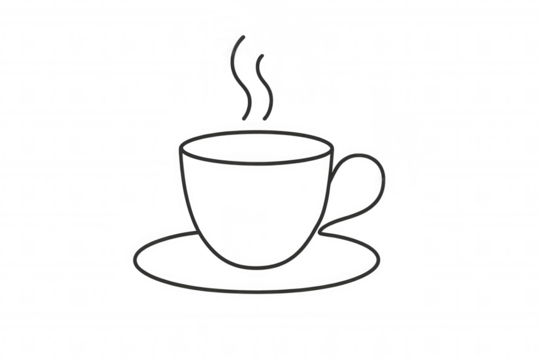 Steaming hot beverage cup on a saucer line illustration, a simple icon representing coffee, tea, or a warm drink