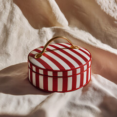 Stylish Stripes: A classic round box with a bold red and white striped pattern, exuding a sense of sophistication. Captured on a soft, textured surface, the box's metallic handle gleams in the light.
