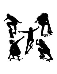 People playing skateboard sport training silhouette