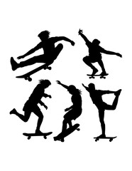 People playing skateboard sport training silhouette