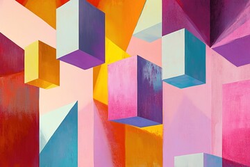 colorful geometric shapes floating in abstract space