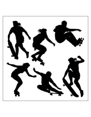 People playing skateboard sport training silhouette