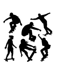 People playing skateboard sport training silhouette
