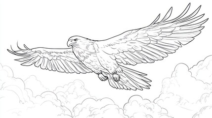 Flying eagle over white clouds, sketched for nature, freedom and wildlife themes