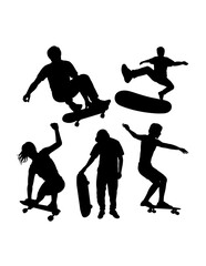 People playing skateboard sport training silhouette