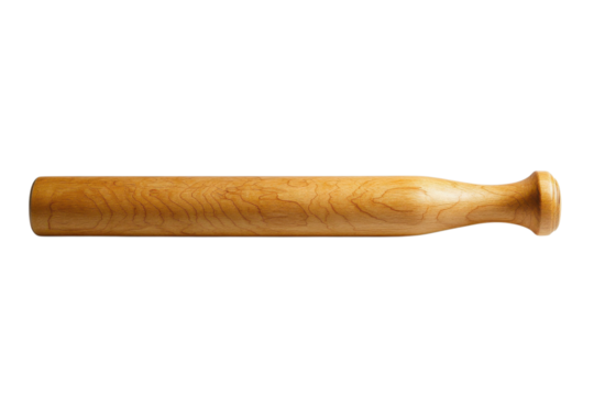 Wooden rolling pin made of light wood for baking pastries and pizza dough preparation at home on transparent background