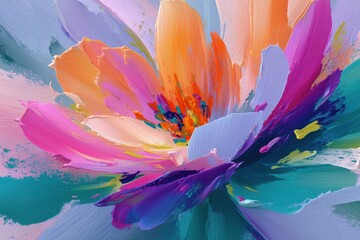 Abstract Floral Fantasy: An exquisite, abstract artwork showcases a vibrant flower, its petals a symphony of colors dancing across the canvas, evoking feelings of serenity and beauty.