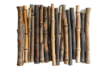 Assorted bamboo poles create a natural textured background for crafts and design projects or architectural elements on transparent background