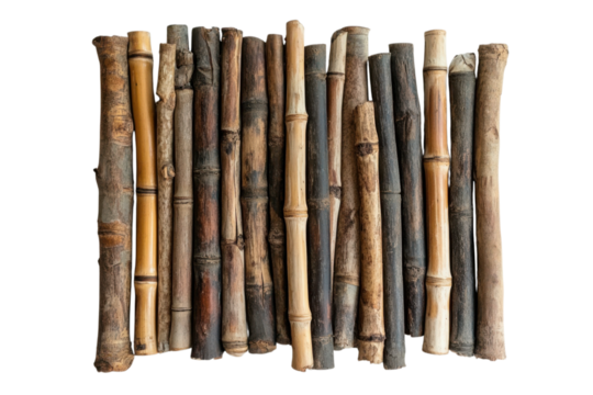 Assorted bamboo poles create a natural textured background for crafts and design projects or architectural elements on transparent background