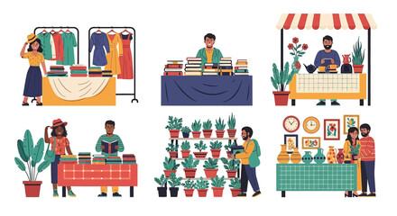 Diverse outdoor market stalls featuring clothing plants crafts and food for a vibrant community gathering