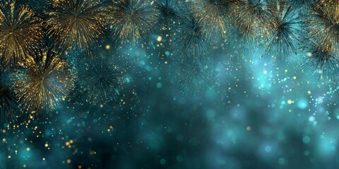 Fototapeta premium Colorful abstract fireworks display creating a festive atmosphere against a teal background during nighttime celebrations