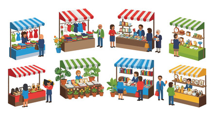 Vibrant miniature market stalls with figures offering goods and produce at a lively fair