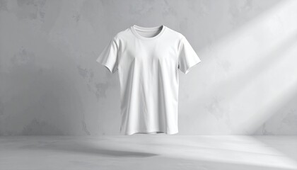 White Blank Tshirt Floating on Gray Concrete Background.