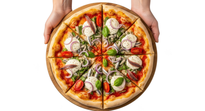 Freshly baked gourmet pizza with fresh ingredients held by hands
