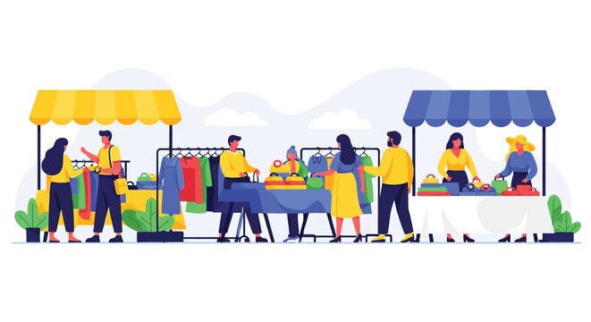 Bustling outdoor market scene with vendors and shoppers engaging with goods