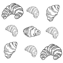 set of croissant doodle hand drawn. Hand drawn croissant french breakfast.