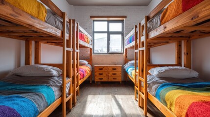 Cozy Hostel Room: An inviting hostel room features four bunk beds with colorful bedding, a shared space for travelers to connect and unwind. The room is bright and airy.