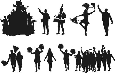 Vector parade silhouettes with cheerleaders, drummers, float celebration, cultural festival crowd, unity performance, joyful street event, and festive illustration artwork