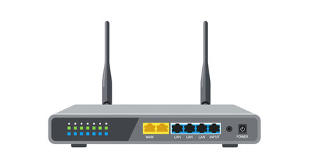 Gray Wireless Router with Two Antennas and Ports.