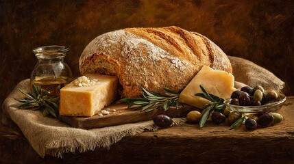 Still life with bread cheese olives and oil