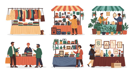 Diverse market stalls featuring artisanal crafts clothing food and artwork scenes