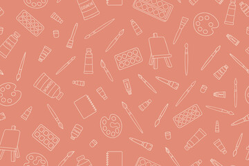 A seamless pattern of various art materials in doodle style. Hand-drawn design for artwork, educational materials, and creative projects. Vector.
