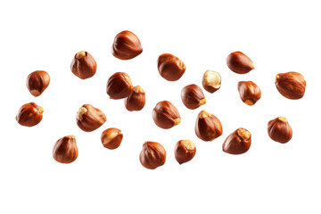 Fototapeta premium Whole hazelnuts scattered, top view of brown nuts isolated on Transparent Background