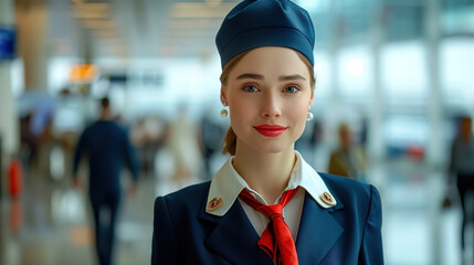 Portrait of a smiling airline flight attendant in a navy uniform and red tie, standing in a bustling airport. Professional, friendly, and ready to assist travelers.