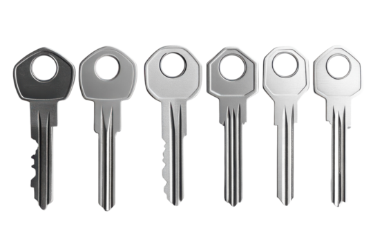 Six silver metal keys aligned showcasing security and access solutions effectively on transparent background