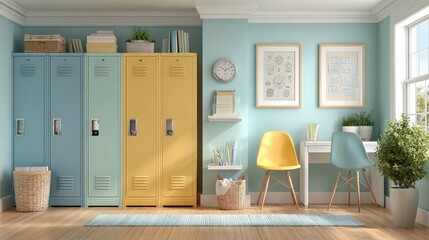 Colorful school lockers and study area with chairs and decor