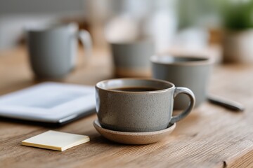 Obraz premium Cozy morning coffee scene with ceramic mug on wooden table