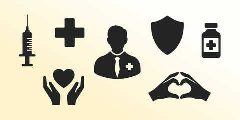 A collection of silhouette icons illustrates medical healthcare, protection, and patient care concepts.