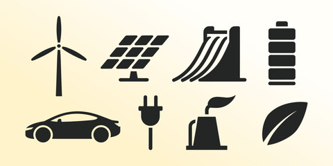 A collection of sustainable energy and environmental concept silhouettes.