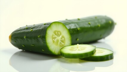 Fresh Cucumber Whole and Sliced Isolated on White Vegetable Macro Detail