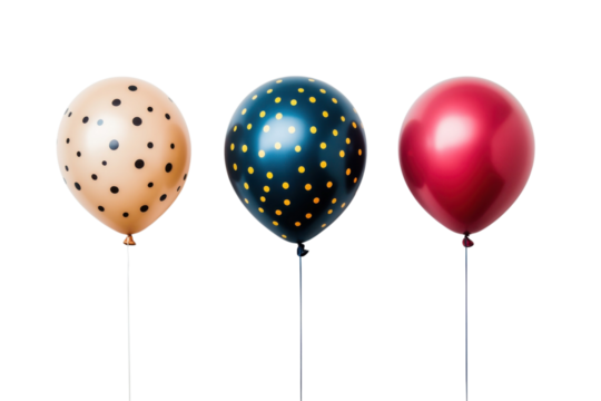 Three colorful balloons with polka dots and a solid red balloon float against a scene on transparent background