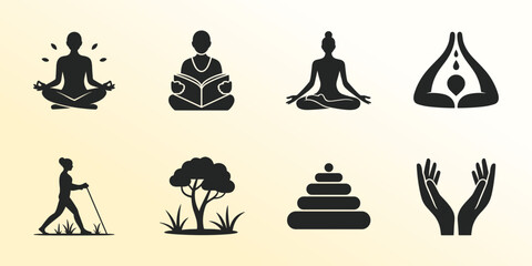 A Versatile Set of Silhouette Icons Depicting Wellness, Meditation, Nature, and Personal Development.