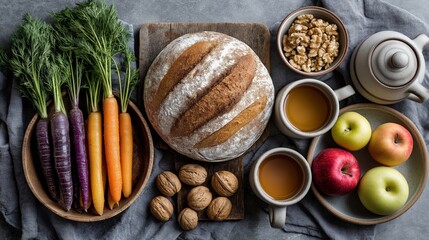 Rustic autumn harvest: fresh bread, apples, carrots, walnuts, and tea on linen cloth