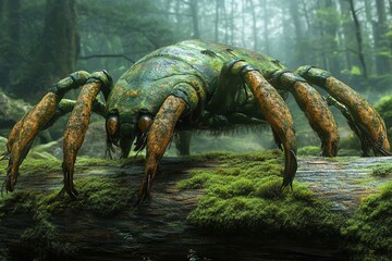 giant prehistoric insects crawling over mossy logs
