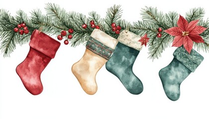 A festive illustration of colorful Christmas stockings adorned with greenery and red berries, perfect for holiday decorations.